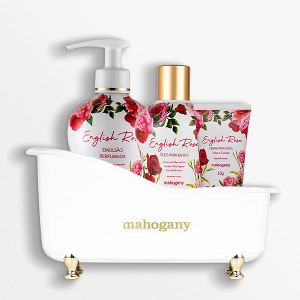 Kit English Rose Creme para Mãos, Óleo e Hidratante Corporal e Banheira Branca